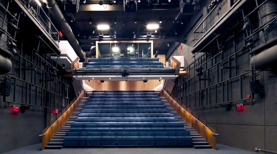 An intimate venue with floor-level stage and a fixed-seating orchestra and balcony. The stage is 1,204 SF and 42' wide by 28' deep, ceiling height is 33'. Can hold up to 238 audience members,187 in the orchestra and 51 in the balcony. Includes two fully equipped dressing rooms and four public restrooms